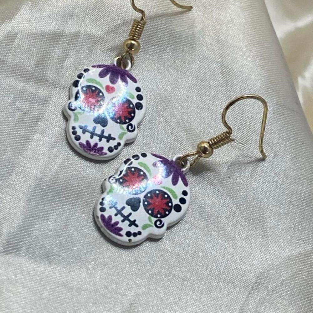 Colorful Sugar Skull Dangle Earrings Day of the Dead Halloween Gold Tone